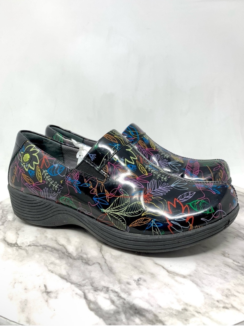 Dansko Work Wonders Coral Patent Multicolor Leaf Print Comfort Clogs 38 Career